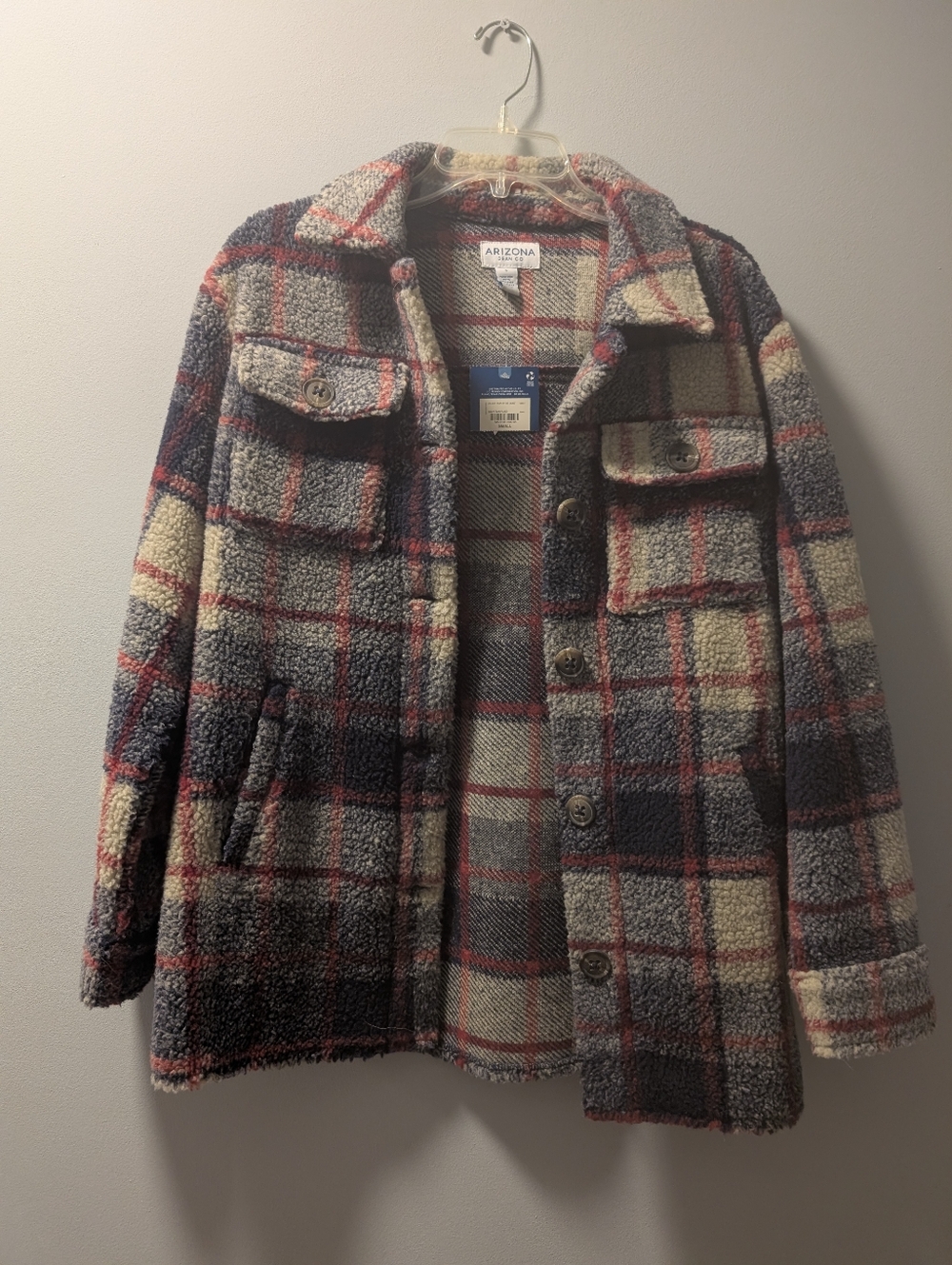 Plaid Sherpa Jacket Arizona Jeans Blue Red and Cream  Shacket Size Small S